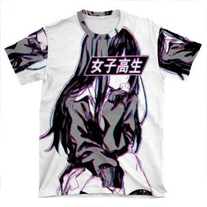 Schoolgirl Glitch - Sad Japanese Anime Aesthetic AOP T-shirt Tee