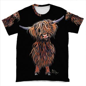 Scottish Hairy Highland Cow ' Wee Mac ' By Shirley Macarthur AOP T-shirt Tee