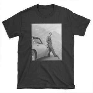 Sean Connery and Sports Car, Black and White Vintage Art T-shirt Tee