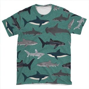 Sharks Illustration Art Print Ocean Life Sea Life Animal Marine Biologist Kids Boys Gender Neutral Educational Andrea Lauren AOP T-shirt Tee