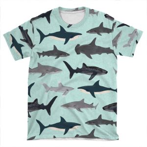 Sharks, Illustration, Art Print ,Ocean Life,Sea Life ,Animal ,Marine Biologist ,Kids ,Boys, Gender Neutral ,Educational ,Andrea Lauren , Shark Week, Shark, Great White Shark, AOP T-shirt Tee