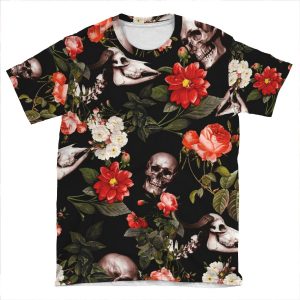 Skull And Floral Pattern AOP T-shirt Tee
