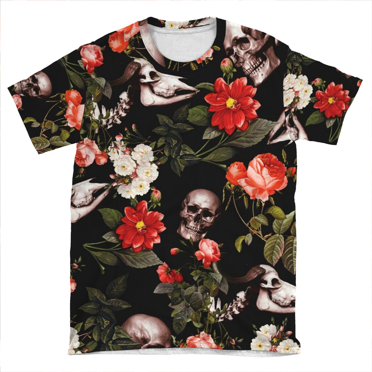 Skull And Floral Pattern AOP T-shirt Tee