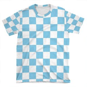 Sky Blue And White Checkerboard Pattern AOP T-shirt Tee