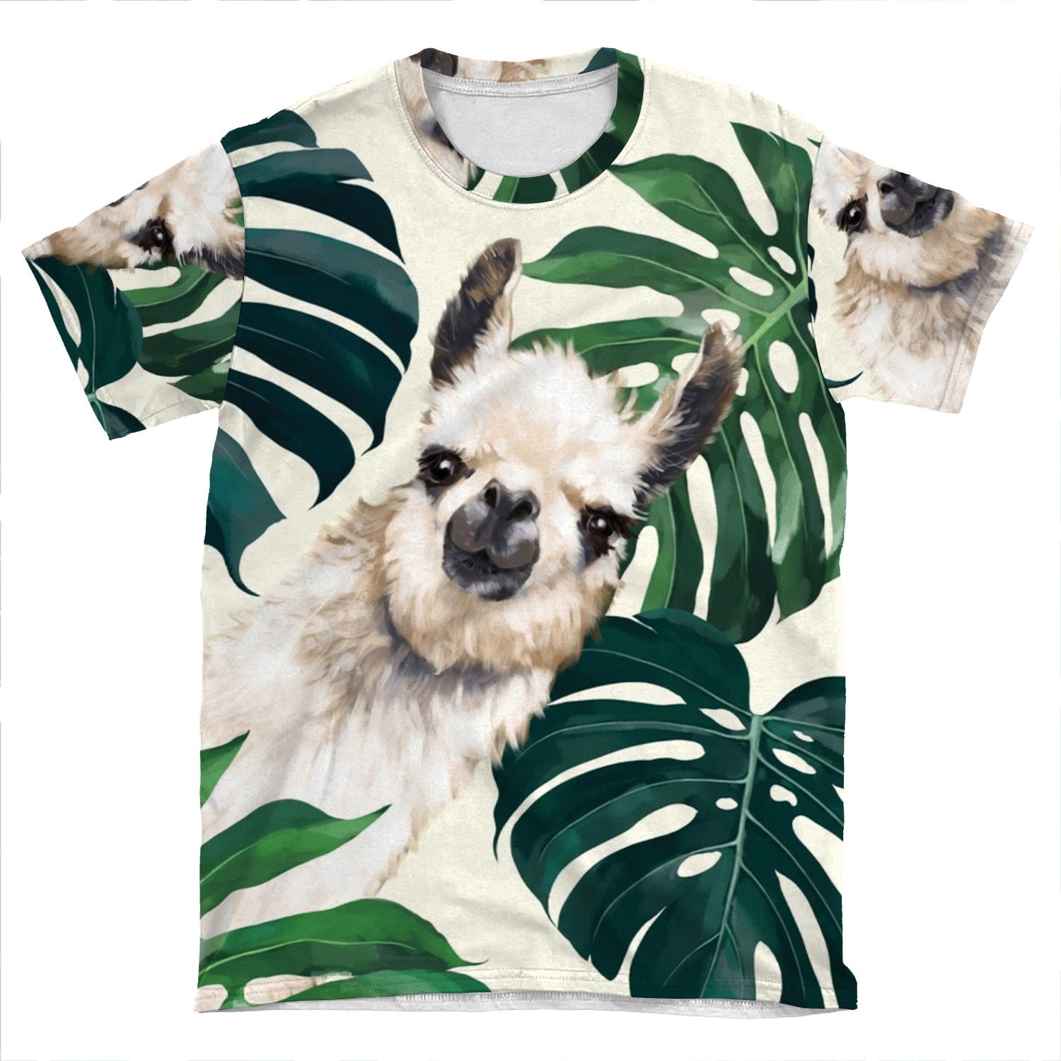 Sneaky Llama In Tropical Monstera AOP T-shirt Tee
