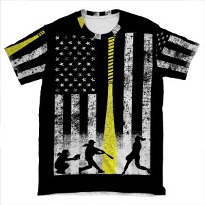 Softball Flag With Softball Players And Yellow Bat AOP T-shirt Tee