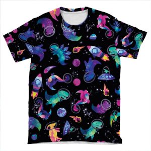 Space Dinosaur Astronauts Watercolor Pink Purple Pattern AOP T-shirt Tee