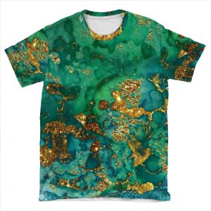 Sparkling Gold Glitter On Green And Blue Marble AOP T-shirt Tee