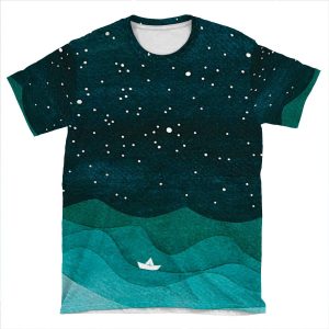 Starry Ocean, Teal Sailboat Watercolor Sea Waves Night AOP T-shirt Tee
