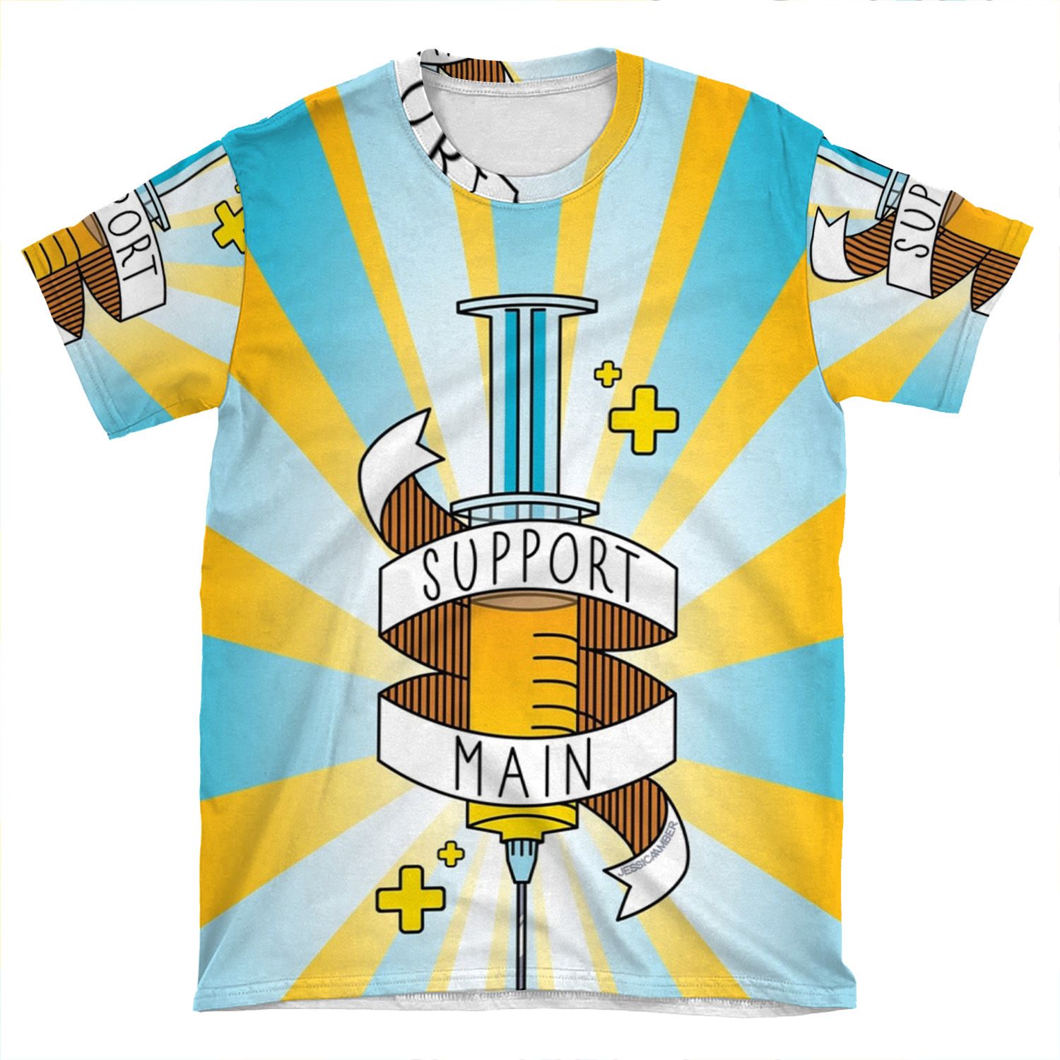 Support Main | Gamer Art Fps Rpg | Doctor Syringe And Banner | Yellow Blue AOP T-shirt Tee