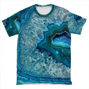 Teal Aqua Turquoise Blue Rock Agate Mineral Crystals Pattern AOP T-shirt Tee