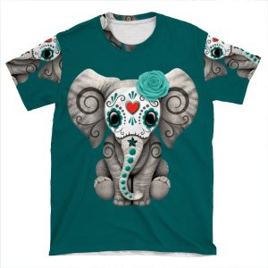 Teal Blue Day Of The Dead Sugar Skull Baby Elephant AOP T-shirt Tee
