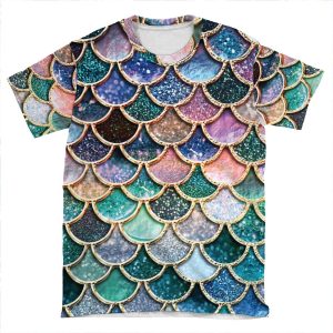 Teal, Silver And Pink Sparkle Faux Glitter Mermaid Scales AOP T-shirt Tee