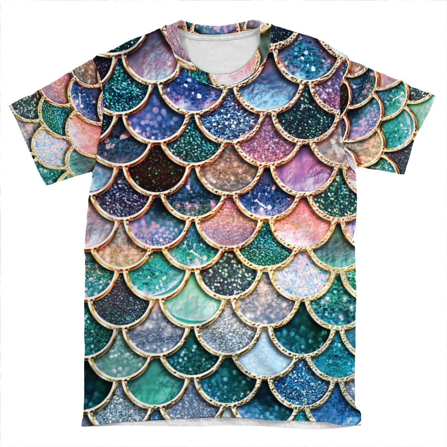 Teal, Silver And Pink Sparkle Faux Glitter Mermaid Scales AOP T-shirt Tee