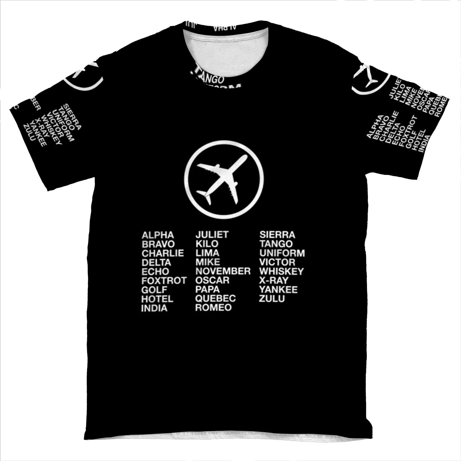 The Phonetic Alphabet With A Picture Of An Airplane. AOP T-shirt Tee