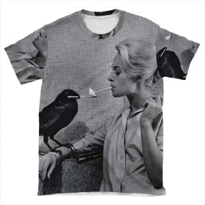 Tippi Hedren Having Her Cigarette Lit By A Crow On The Set Of The Birds AOP T-shirt Tee