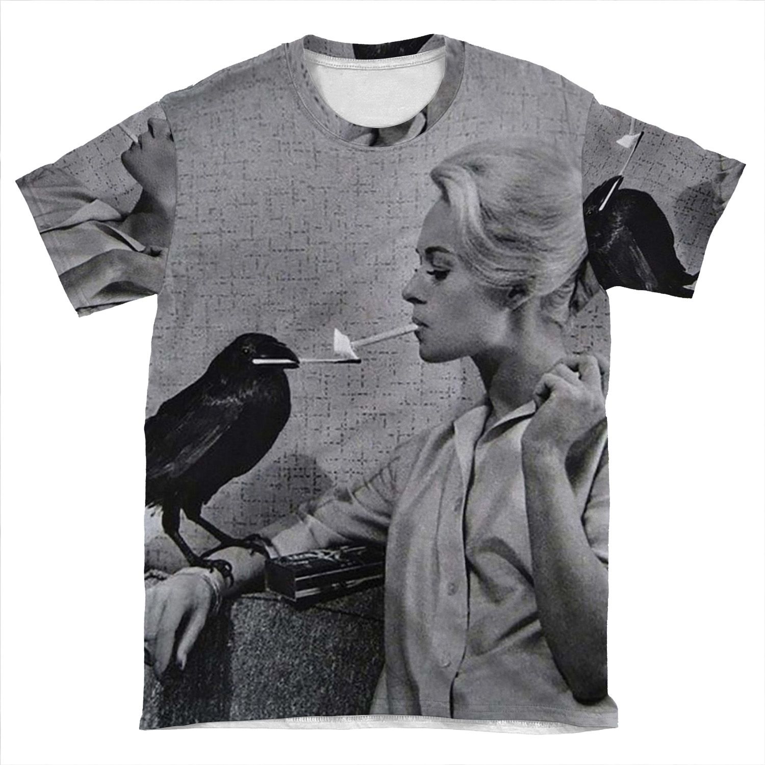 Tippi Hedren Having Her Cigarette Lit By A Crow On The Set Of The Birds AOP T-shirt Tee