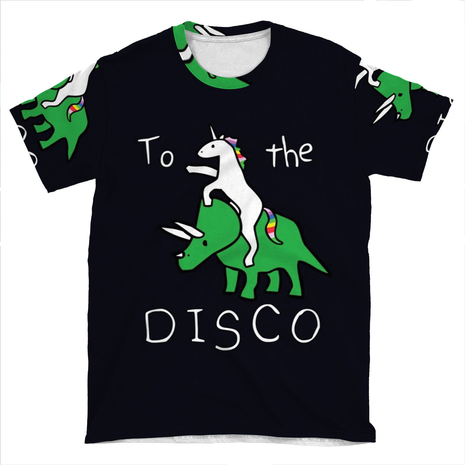 To The Disco (White Text) Unicorn Riding Triceratops AOP T-shirt Tee