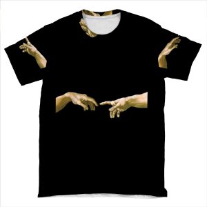 Touch Of God, The Creation Of Adam, (Close Up), Michelangelo, 1510, Genesis, Ceiling, Sistine Chapel, Rome, On Black. AOP T-shirt Tee