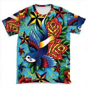 Traditional Swallow & Rose Tattoo AOP T-shirt Tee