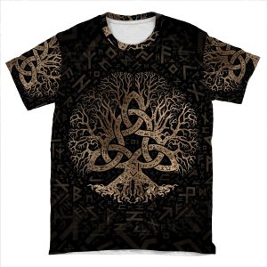 Tree Of Life With Triquetra On Futhark Pattern AOP T-shirt Tee