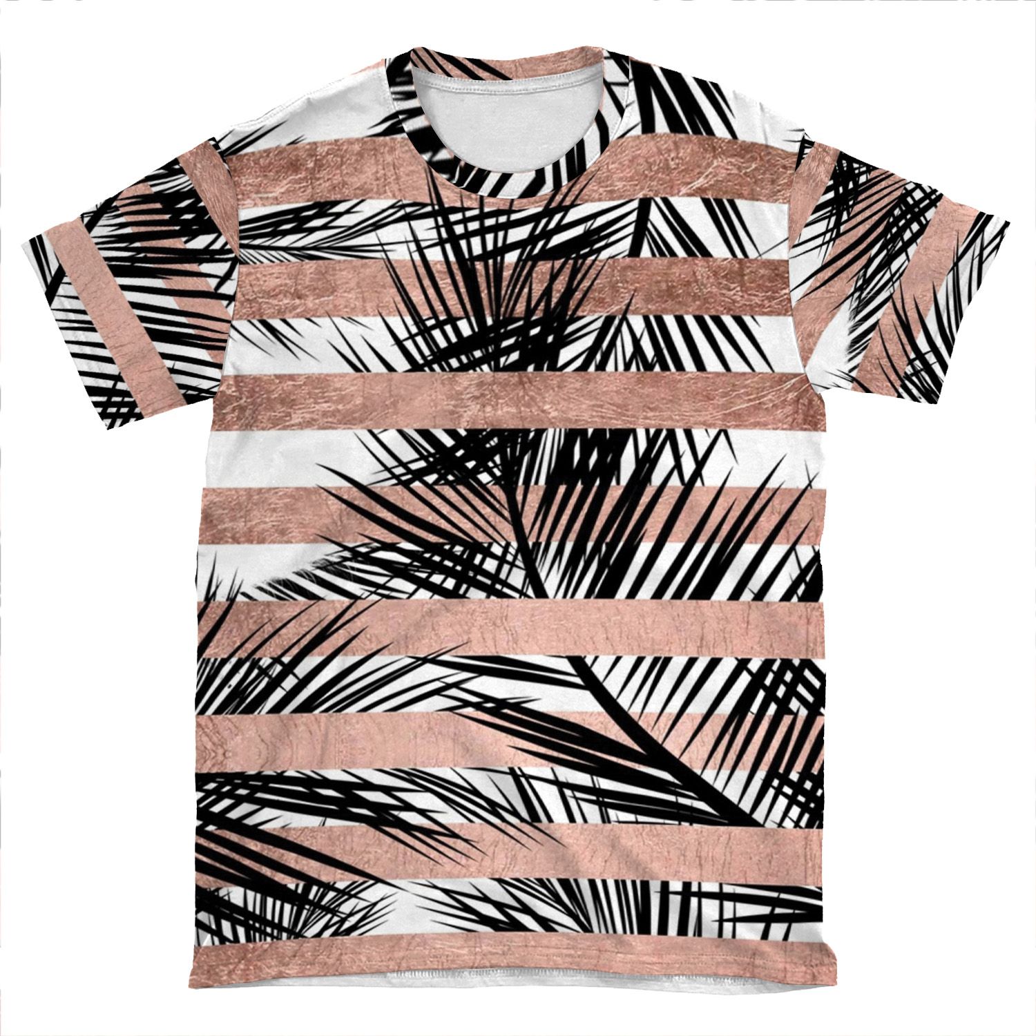 Trendy Tropical Palm Trees Chic Rose Gold Stripes AOP T-shirt Tee
