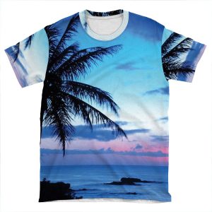 Tropical Island Pretty Pink Blue Sunset Landscape AOP T-shirt Tee
