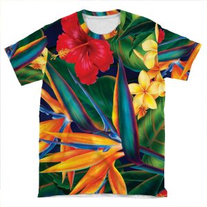 Tropical Paradise Hawaiian Birds Of Paradise Illustration AOP T-shirt Tee