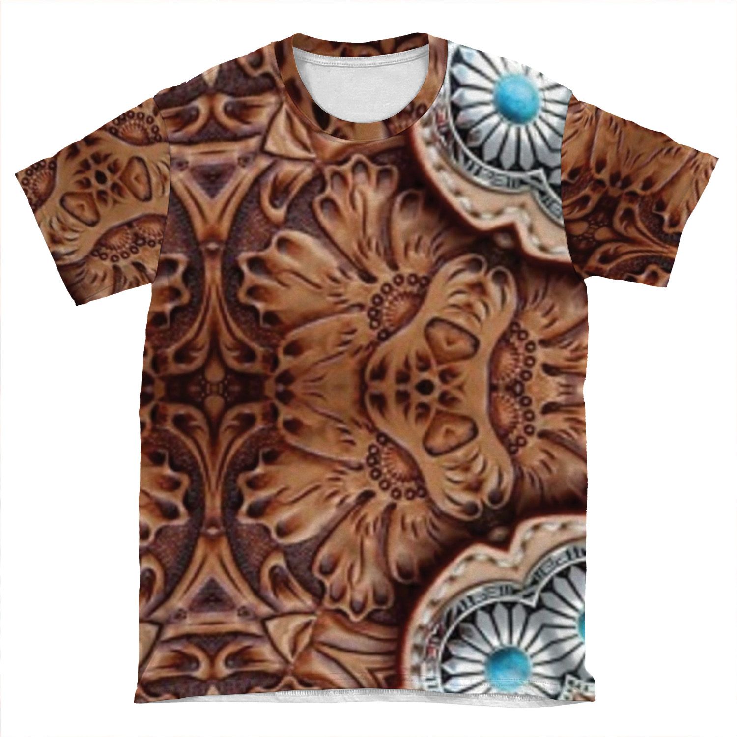 Turquoise Brown Cowboy Tribal Western Country Tooled Leather AOP T-shirt Tee
