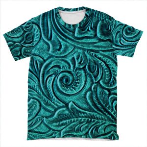 Turquoise Embossed Tooled Leather Floral Scrollwork Design AOP T-shirt Tee