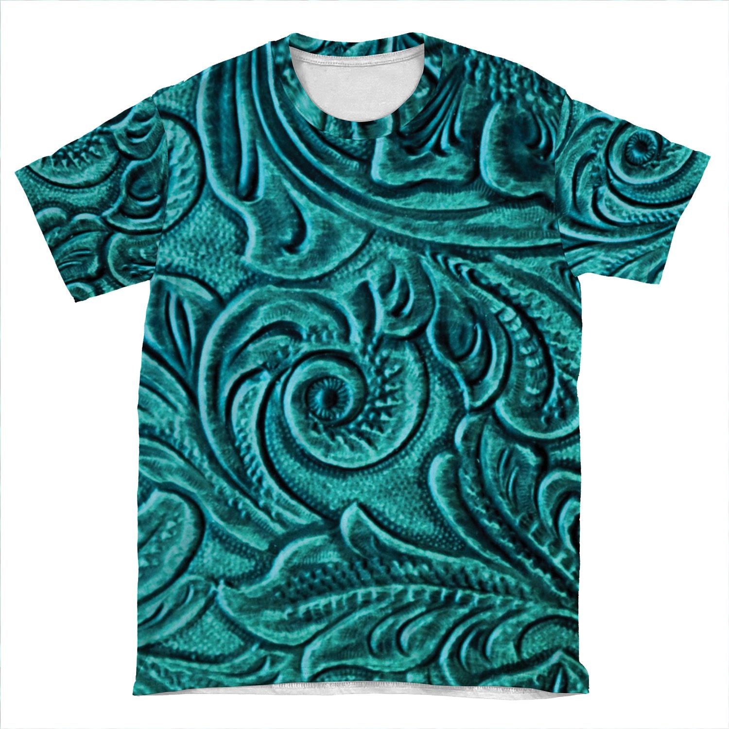 Turquoise Embossed Tooled Leather Floral Scrollwork Design AOP T-shirt Tee