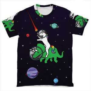 Unicorn Riding Triceratops In Space AOP T-shirt Tee