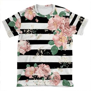 Vintage Floral Roses Black And White Stripes AOP T-shirt Tee
