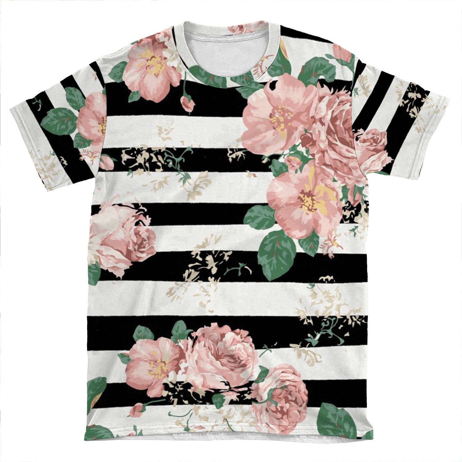 Vintage Floral Roses Black And White Stripes AOP T-shirt Tee