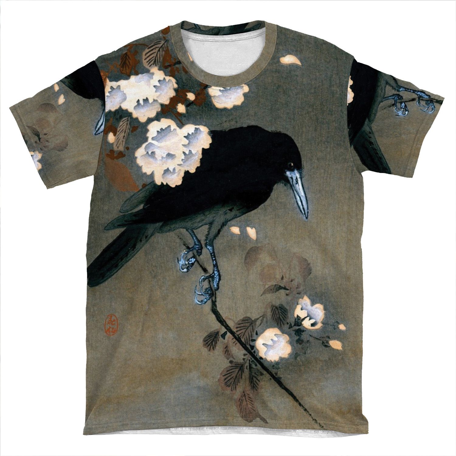 Vintage Japanese Crow And Blossom Woodblock Print AOP T-shirt Tee