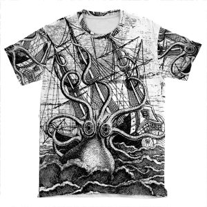 Vintage Kraken Attacking Ship Illustration AOP T-shirt Tee