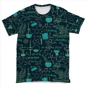 Vintage Seamless Pattern Old Chemistry Laboratory With Microscope, Tubes And Formulas. AOP T-shirt Tee