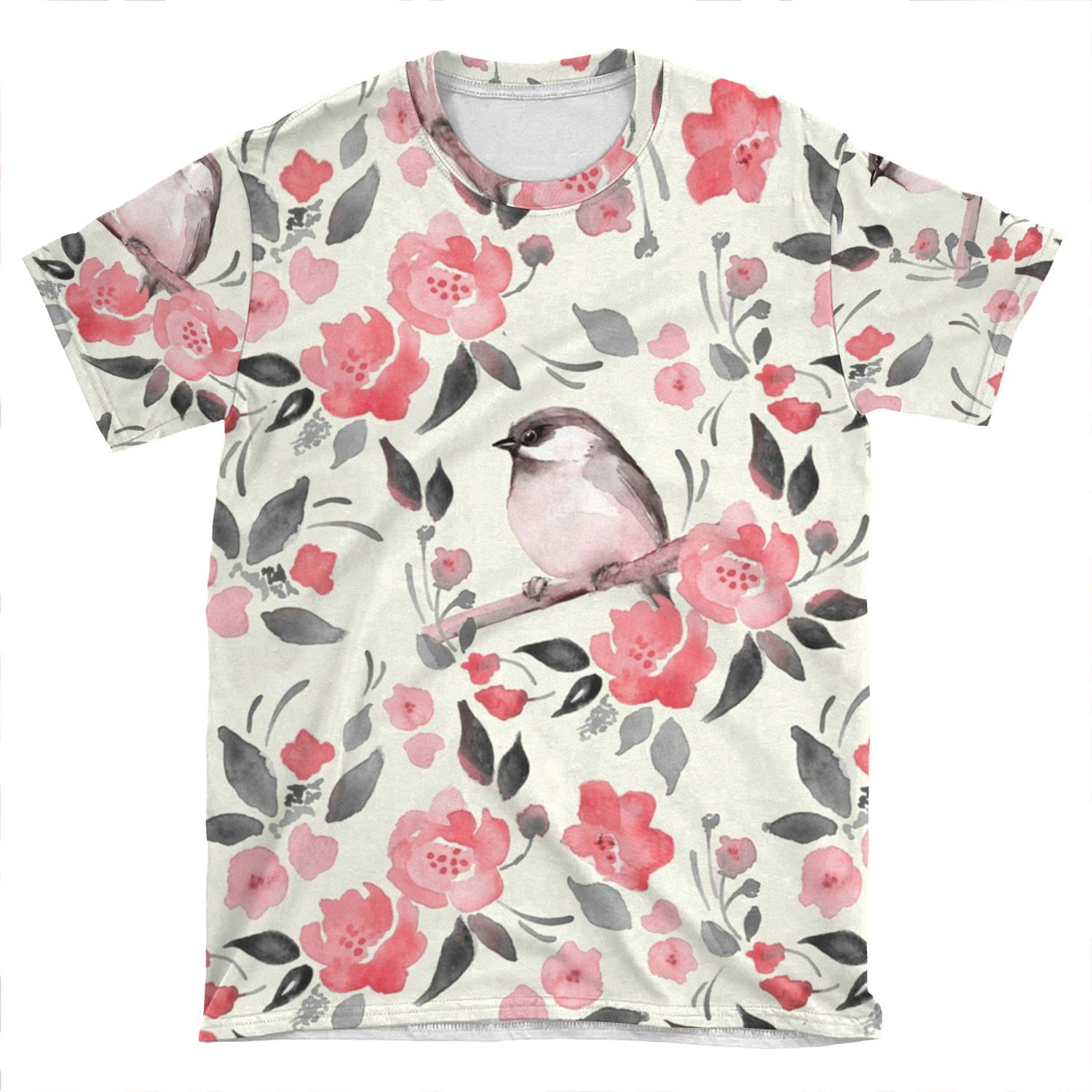 Watercolor Floral Background With Cute Bird /2 AOP T-shirt Tee