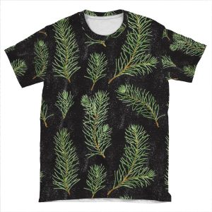 Watercolor Pine Branches Pattern On Black Background AOP T-shirt Tee