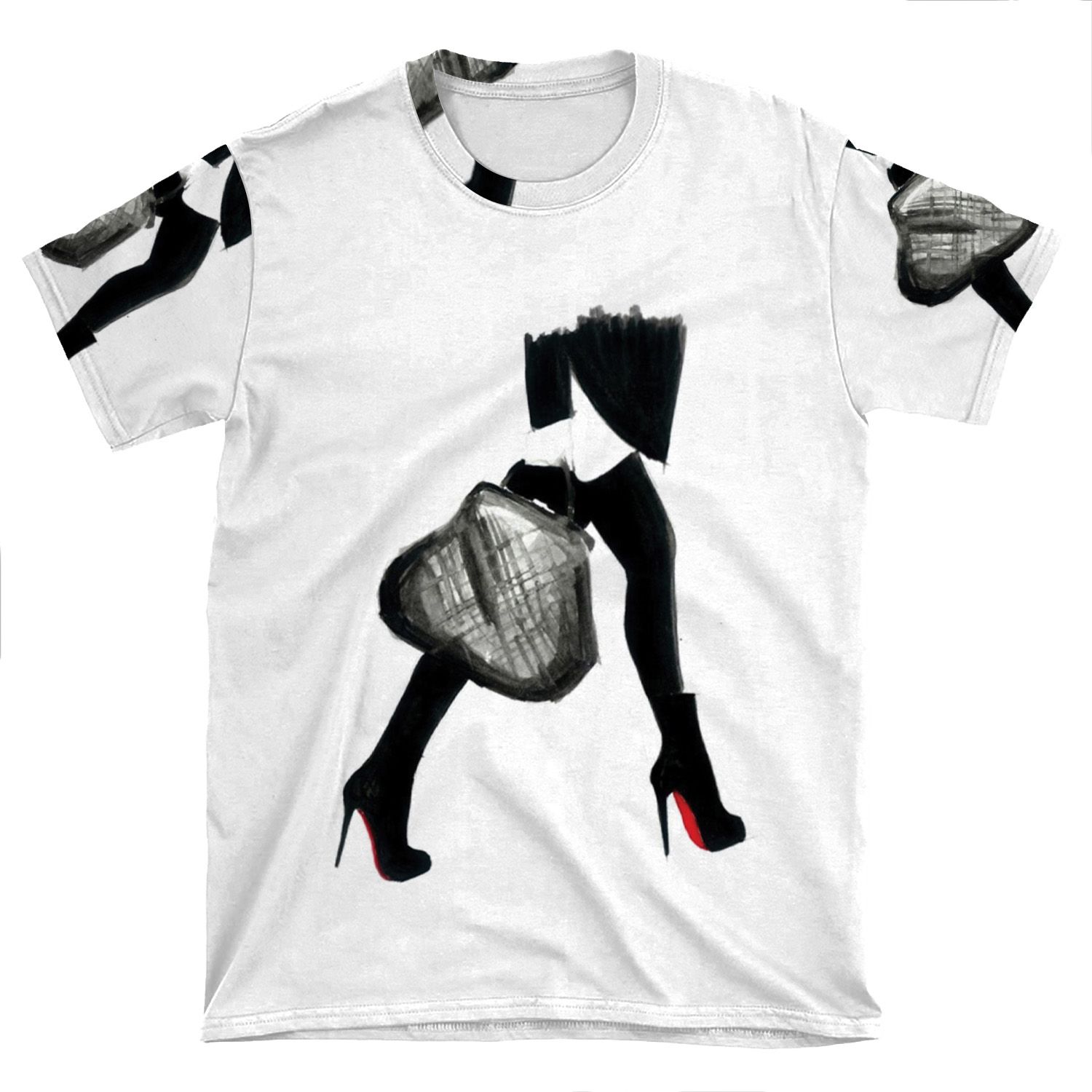 Watercolour & Ink Fashion Illustration Titled I Love Louboutin AOP T-shirt Tee