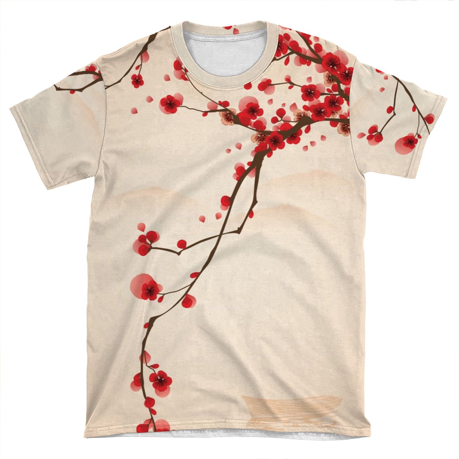 Whimsical Red Cherry Blossom Tree AOP T-shirt Tee