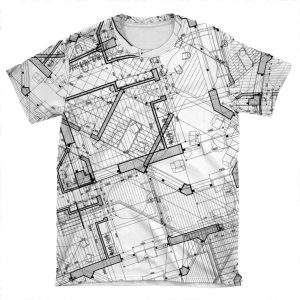 White And Black Vintage Blueprint AOP T-shirt Tee