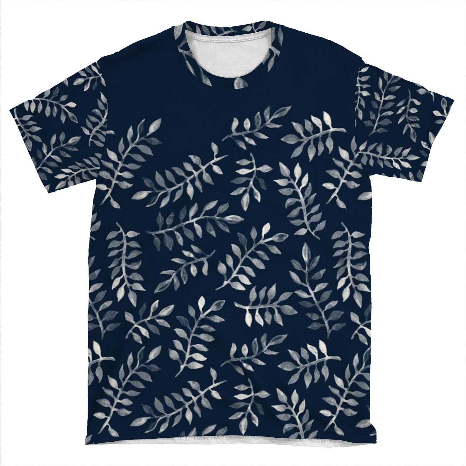 White Leaves On Navy - A Hand Painted Pattern AOP T-shirt Tee