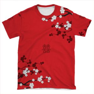 White Oriental Cherry Blossoms On Red And Chinese Wedding Double Happiness | Japanese Sakura Fatfatin AOP T-shirt Tee