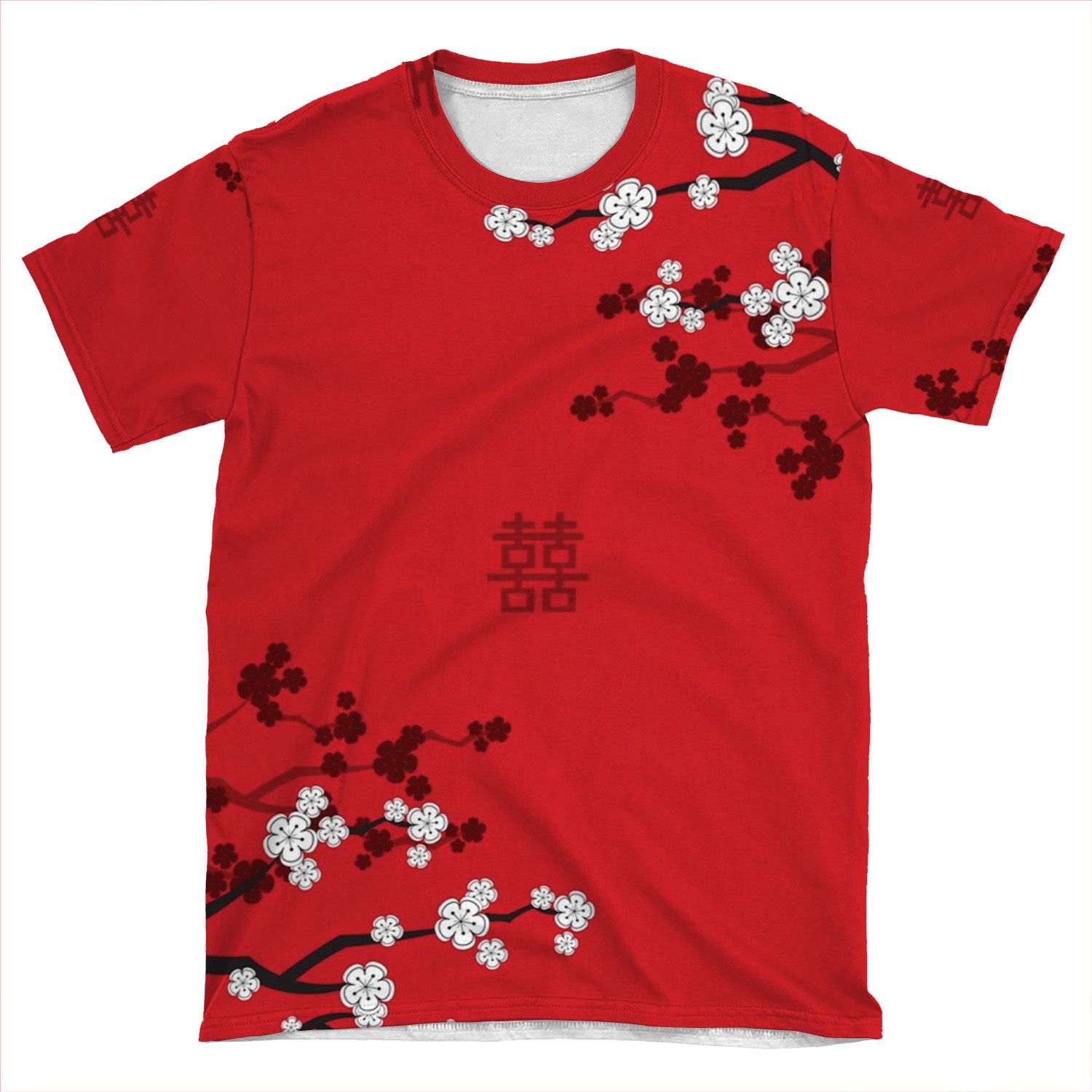 White Oriental Cherry Blossoms On Red And Chinese Wedding Double Happiness | Japanese Sakura Fatfatin AOP T-shirt Tee