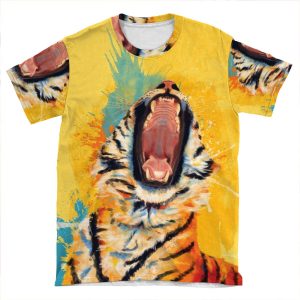 Wild Yawn - Tiger Portrait, Colorful Tiger, Animal Illustration AOP T-shirt Tee