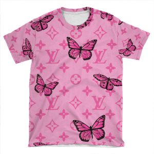 Y2K Inspired Pink Butterfly Monogram Design AOP T-shirt Tee