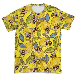 Yellow Lemon And Bee Garden. AOP T-shirt Tee
