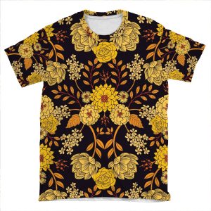 Yellow, Orange & Navy Blue Dark Floral Pattern AOP T-shirt Tee