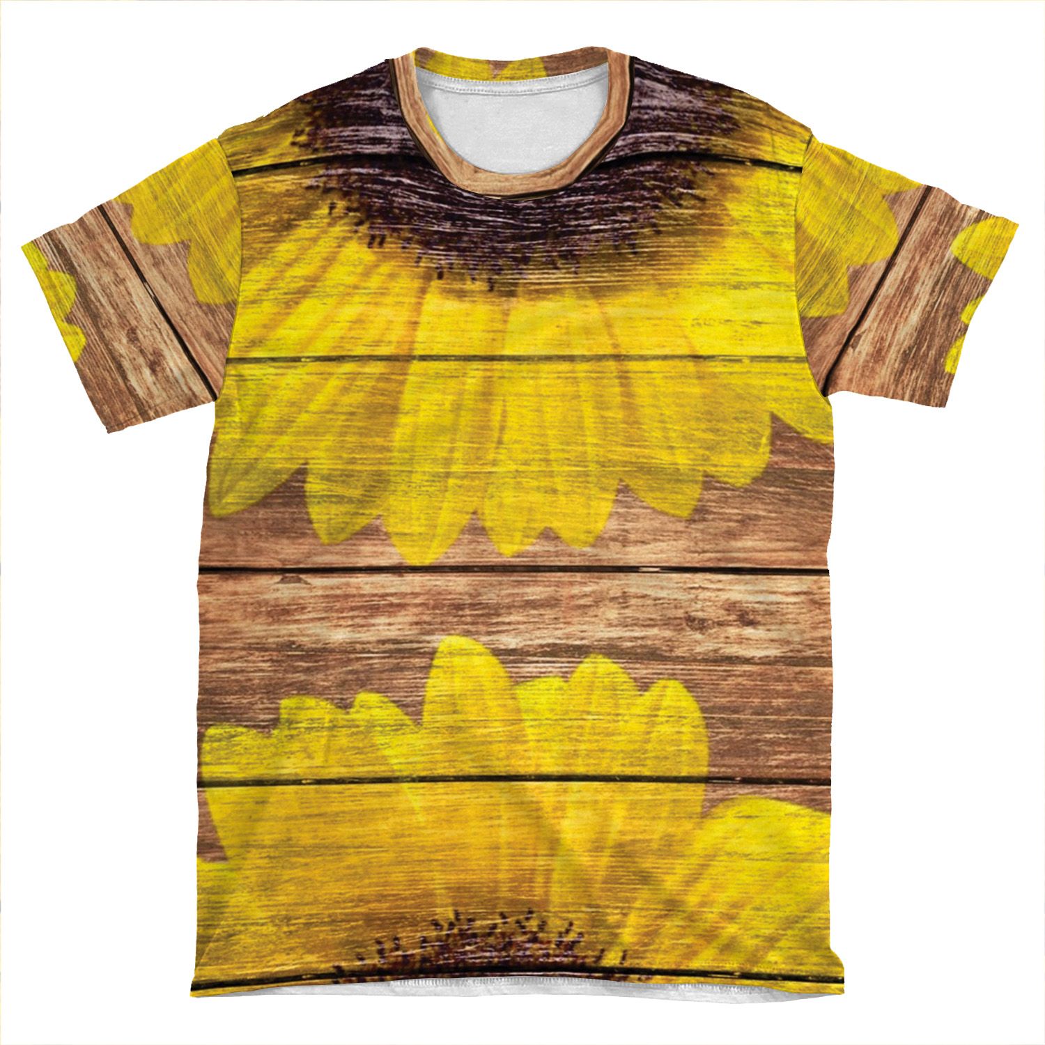 Yellow Sunflowers Rustic Vintage Brown Wood AOP T-shirt Tee
